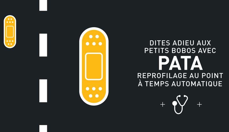 Le Point à Temps Automatique (PATA) réalise automatiquement des réparations localisées de chaussées avec des enduits à l'émulsion et gravillons.