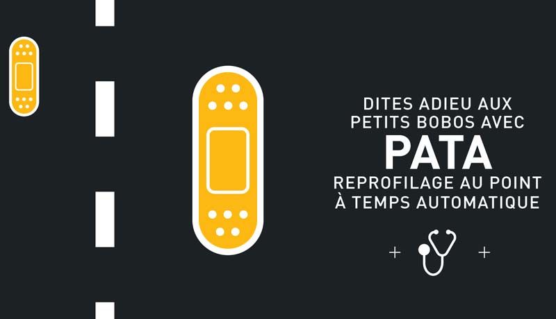 Le Point &agrave; Temps Automatique (PATA) r&eacute;alise automatiquement des r&eacute;parations localis&eacute;es de chauss&eacute;es avec des enduits &agrave; l'&eacute;mulsion et gravillons.